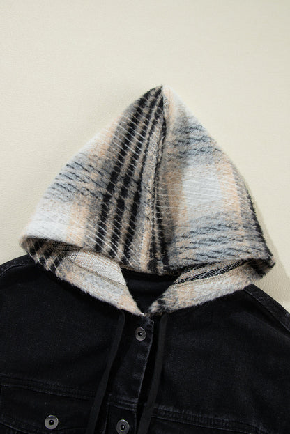 Black Patchwork Plaid Sleeve Frayed Hem Hooded Denim Jacket Shewin