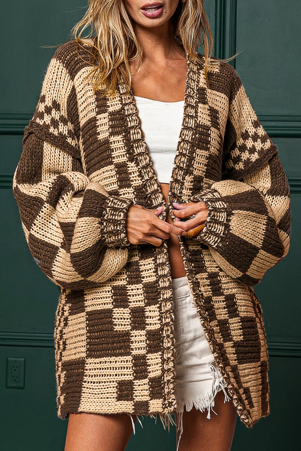 Dark Brown Colorblock Checked Loose Fit Open Front Knitted Cardigan Shewin