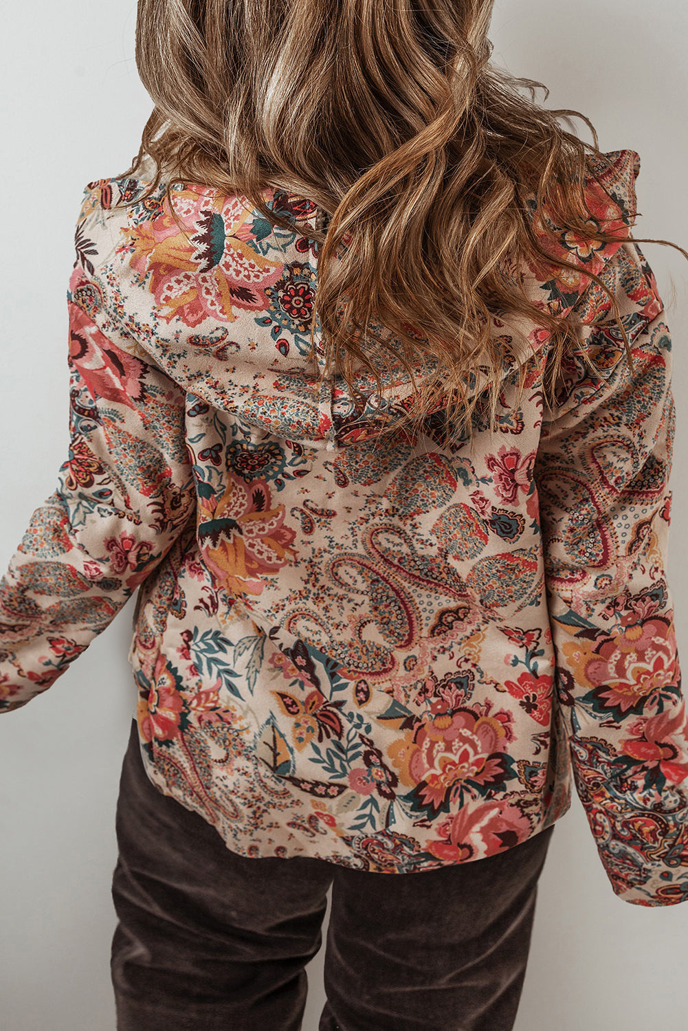 Beige Vintage Paisley Floral Printed Sherpa Lined Hooded Jacket Shewin