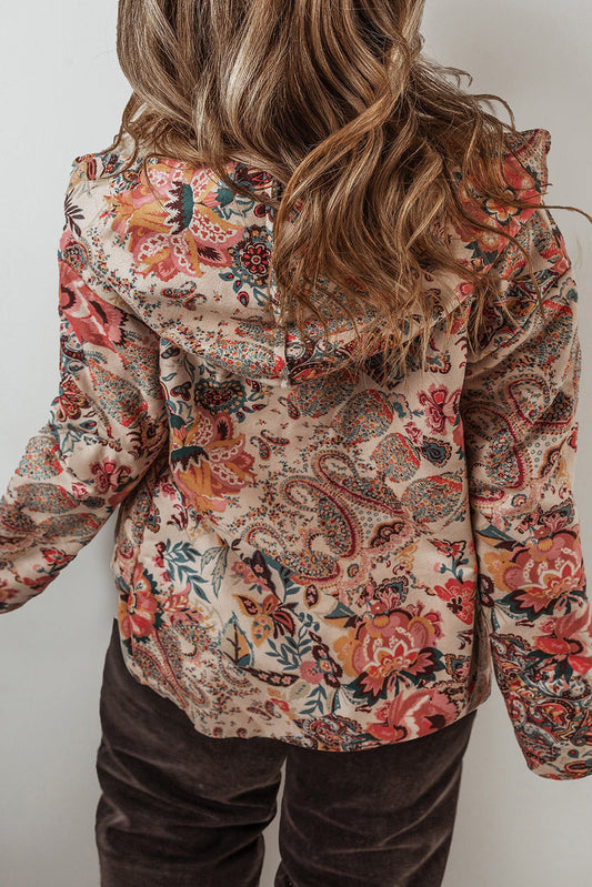 Beige Vintage Paisley Floral Printed Sherpa Lined Hooded Jacket Shewin