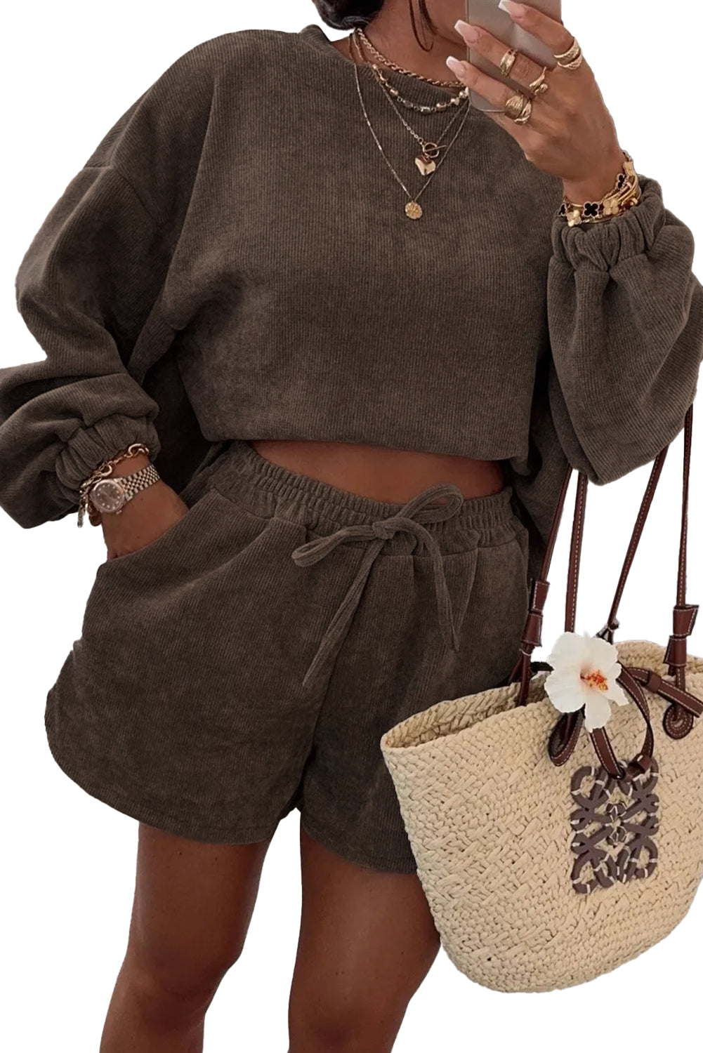 Black Textured Knit Drop Shoulder Pullover Drawstring Shorts Set