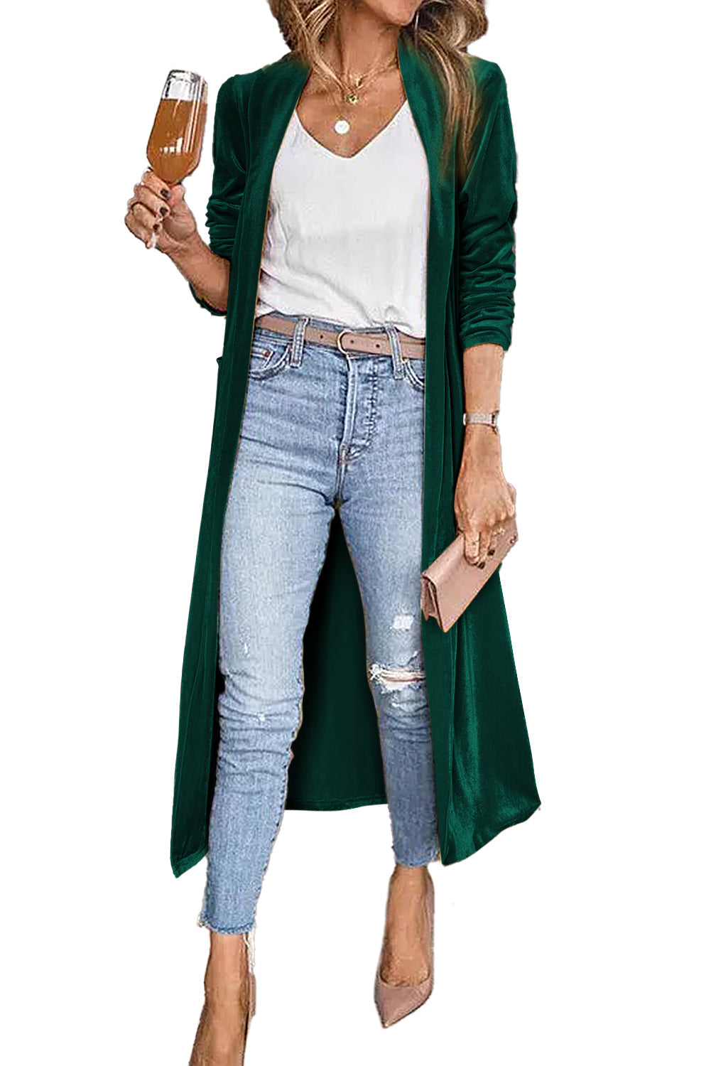 Red Velvet Elegant Open Front Pocket Long Cardigan Shewin