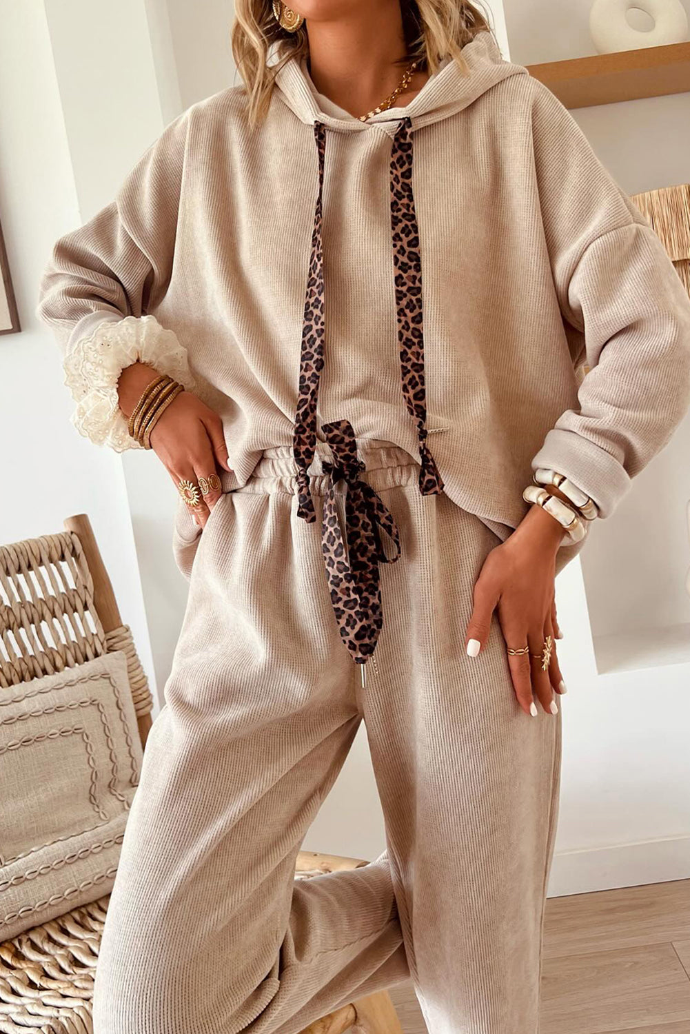 Dark Khaki Drawstring Pullover Hoodie and High Waist Pants Corduroy Suit