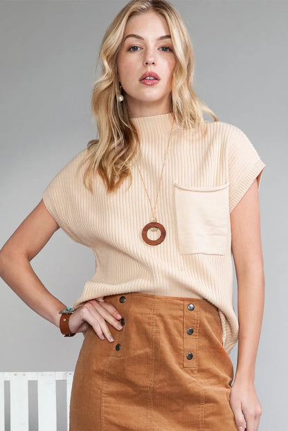 Gold Flame Patch Pocket Ribbed Knit Short Sleeve Sweater Shewin