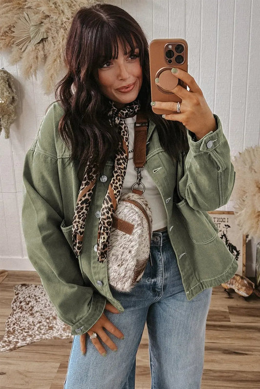 Smoke Green Pocket Collared Button Front Denim Jacket Shewin