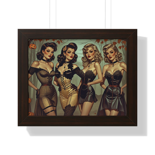 Spooky Beauties Retro Glam Framed Poster, Vintage Halloween Decor, Pin-Up Style