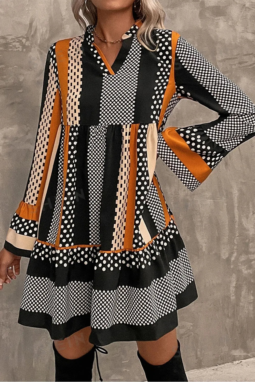 Black Striped Polka Dot Print Ruffle Hem V Neck Loose Mini Dress Shewin