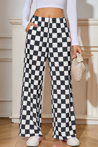 Green Checkered Print High Waist Wide Leg Pants