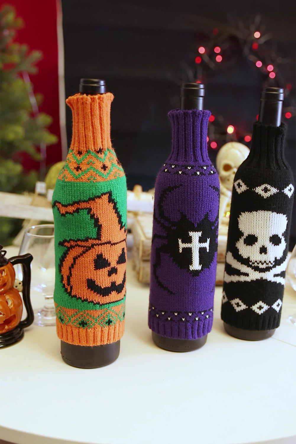 Orange Halloween Pumpkin Knit Wine Bottle Cover Shewin