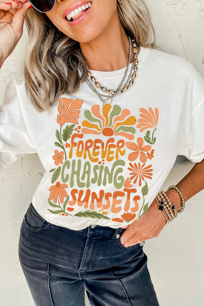 White FOREVER CHASING SUNSETS Floral Print T Shirt Shewin