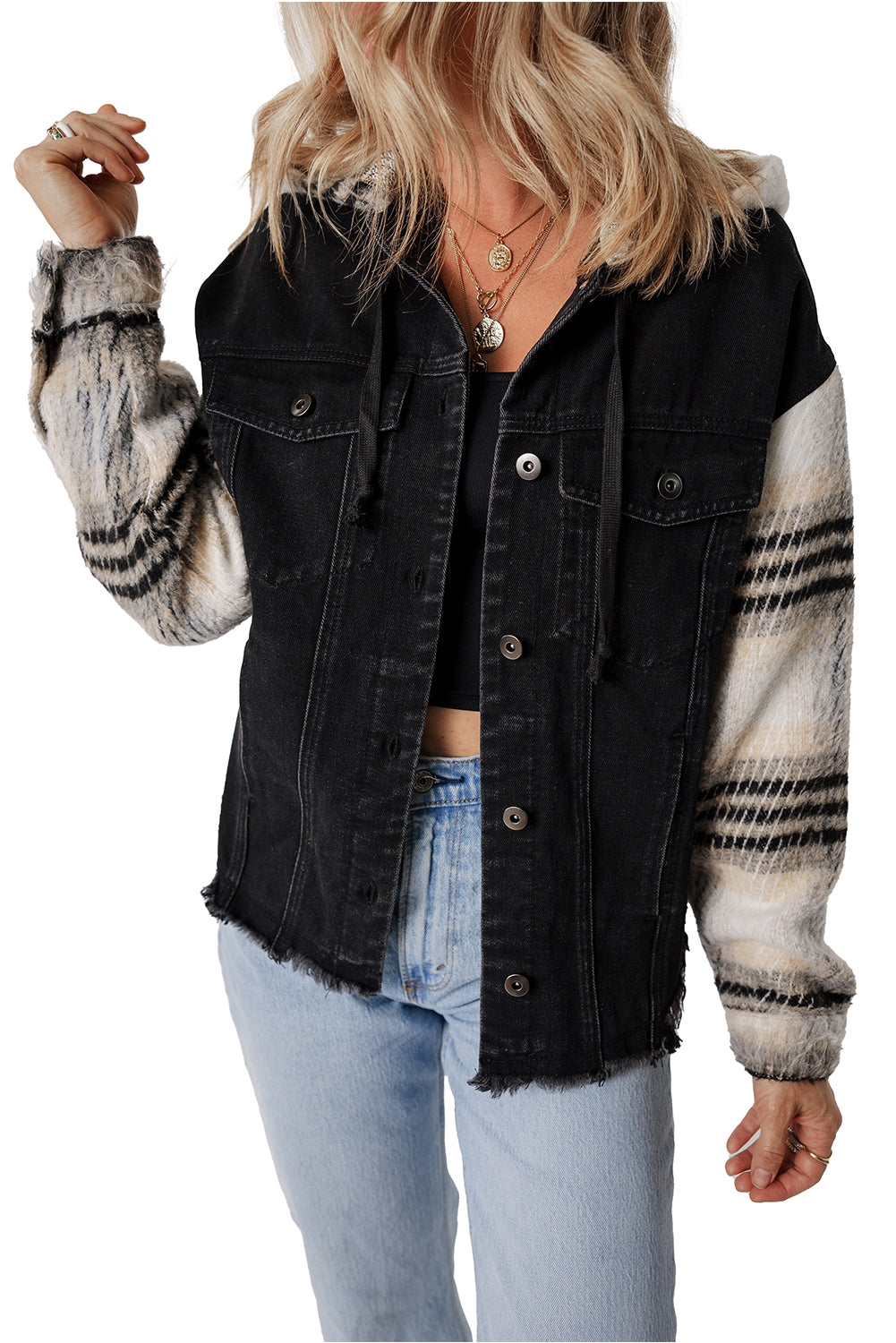 Black Patchwork Plaid Sleeve Frayed Hem Hooded Denim Jacket Shewin