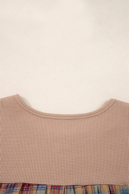 Straw Yellow Waffle Stripe Plaid Patchwork Henley Top Shewin