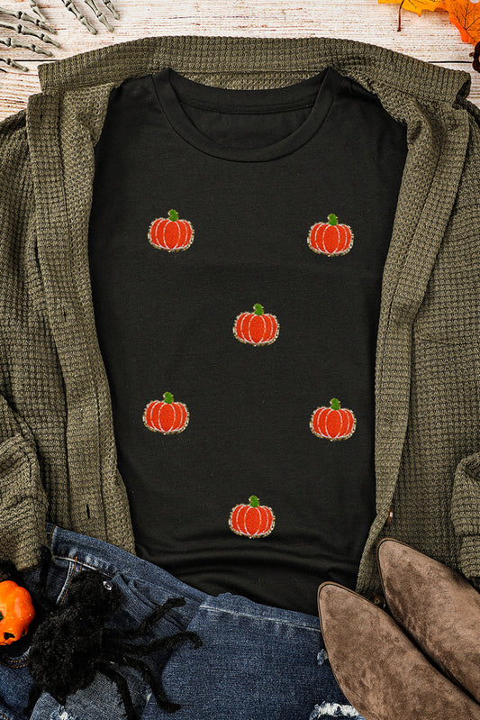 Black Chenille Pumpkin Patched Casual Cotton Blend T Shirt Shewin