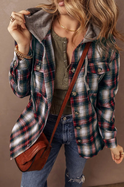 Red Plaid Print Chest Pocket Button Hooded Shacket Shewin