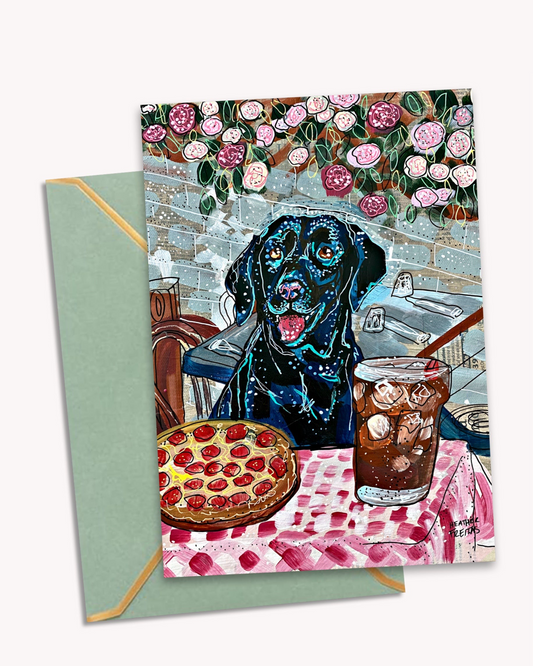 Black Labrador Dining - Greeting Card / Fine Art Print