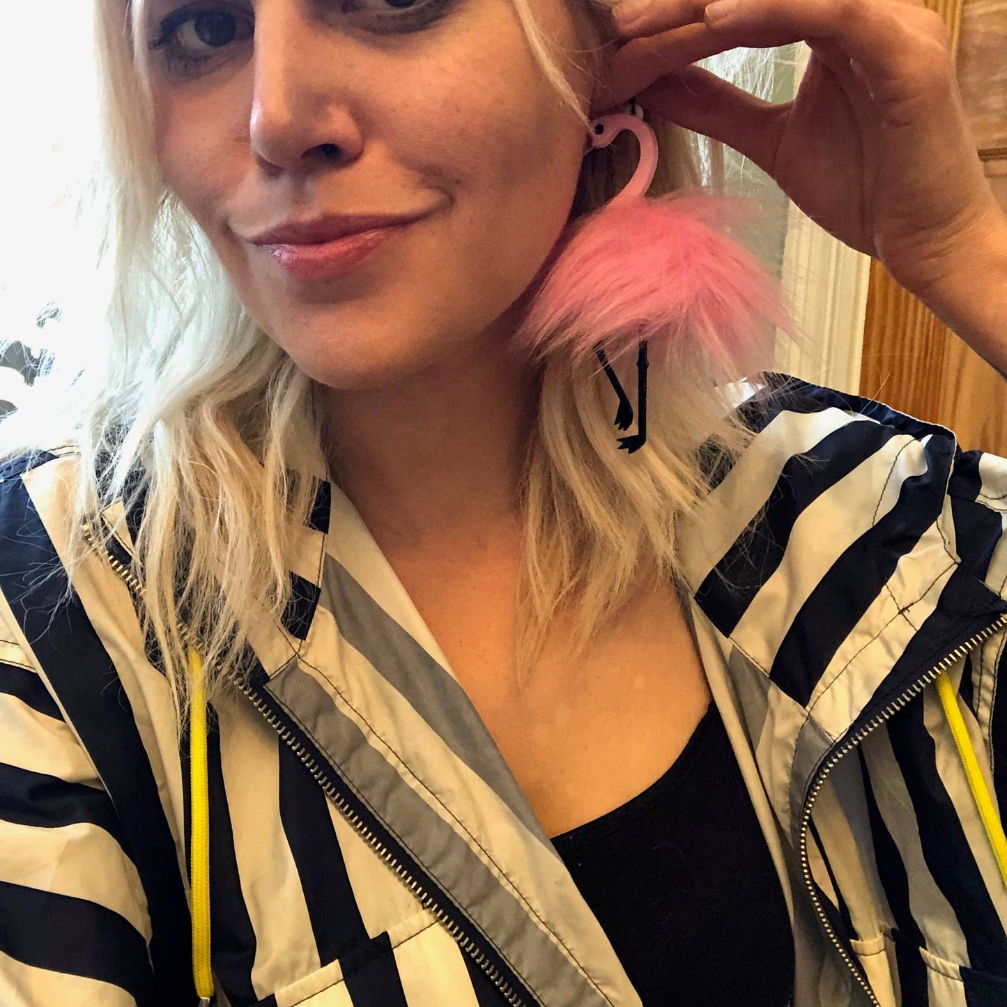 Pom Pom Fluff Pink Flamingo Earrings, Laser Cut Acrylic, Plastic Jewelry Quirks!