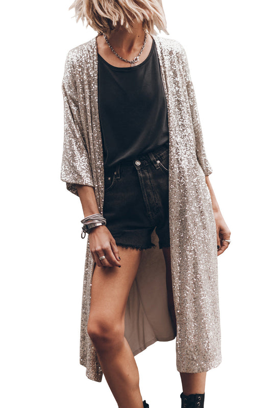 Apricot Sequin 3/4 Sleeve Open Front Duster Cardigan Shewin