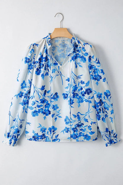 Blue Floral Long Sleeve Lace-up V Neck Blouse Shewin