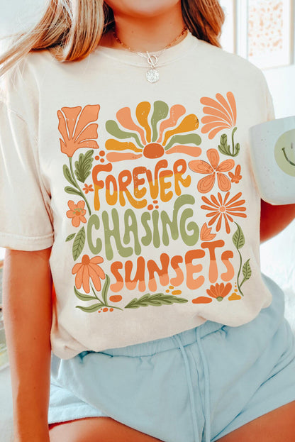 White FOREVER CHASING SUNSETS Floral Print T Shirt Shewin