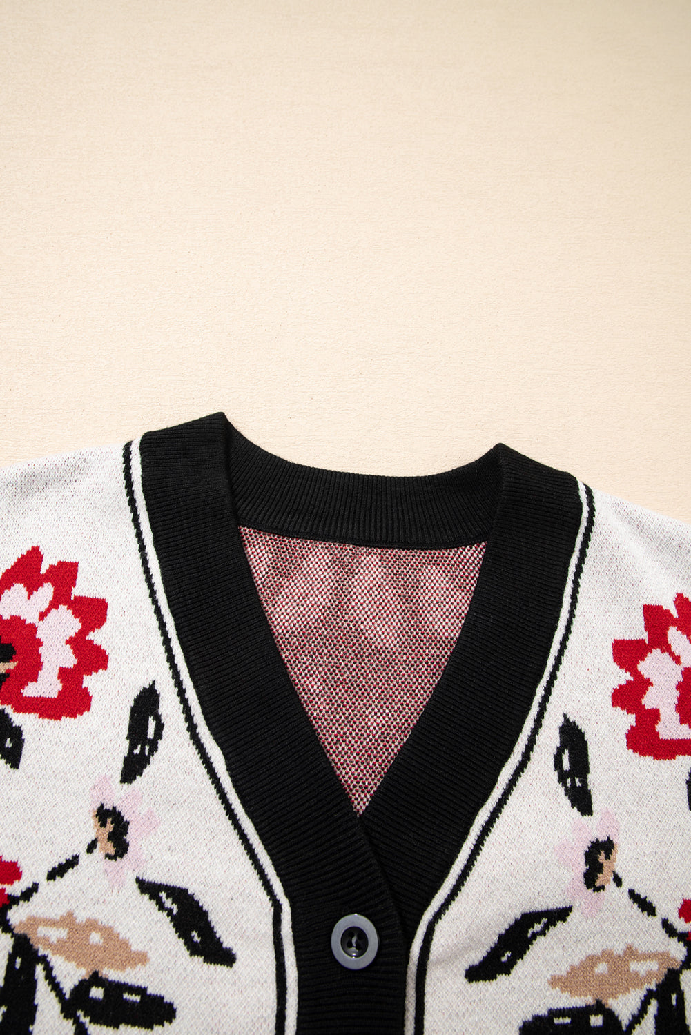 Black Floral Print Button Front V Neck Contrast Trim Cardigan