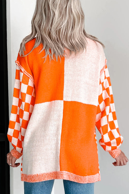 Orange Checkered Open Front Drop Shoulder Cardigan Shewin