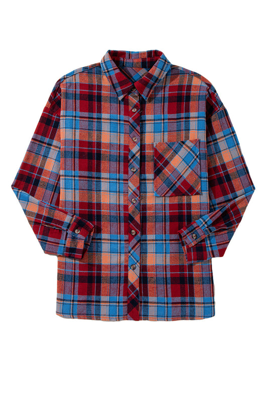 Red Plaid Print Drop Sleeve Loose Shirt Shewin