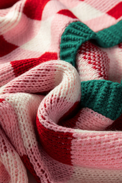 Pink Colorblock Checkered Open Front Knit Cardigan