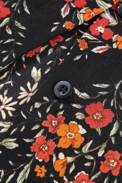 Black Floral Print Collared Button Up Puff Sleeve Shirt Shewin