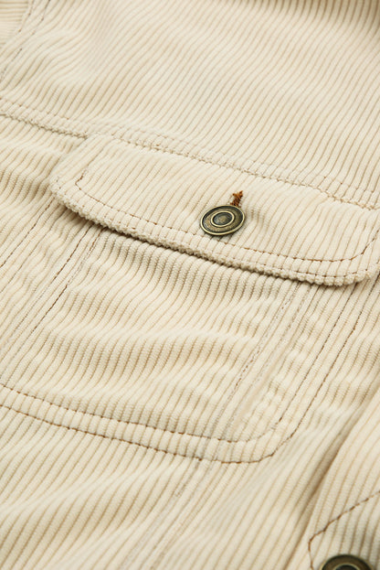 Beige Button Up Pockets Striped Color Block Corduroy Jacket Shewin