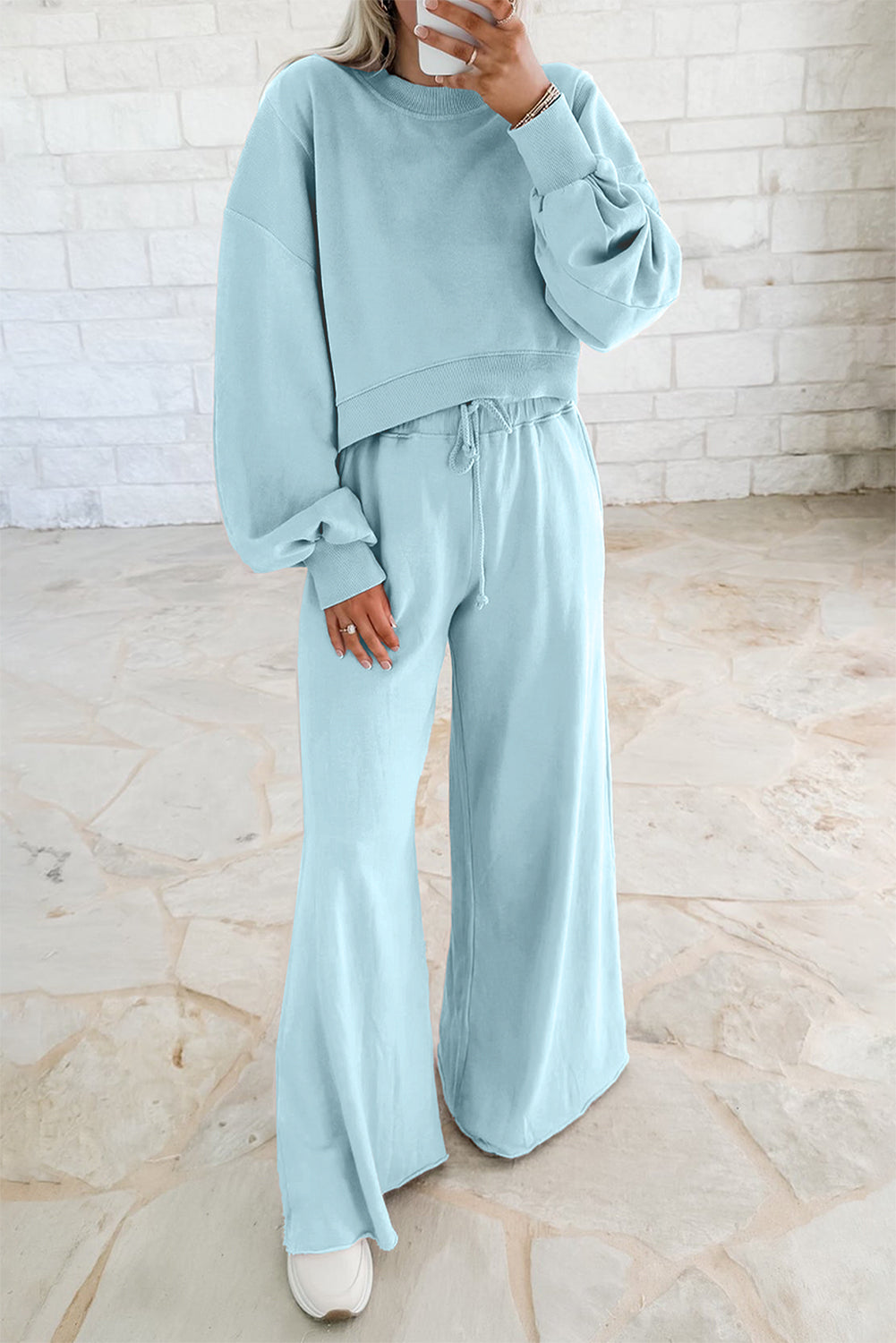 Flamingo Drop Shoulder Crop Pullover Drawstring Wide Leg Pants Set Shewin