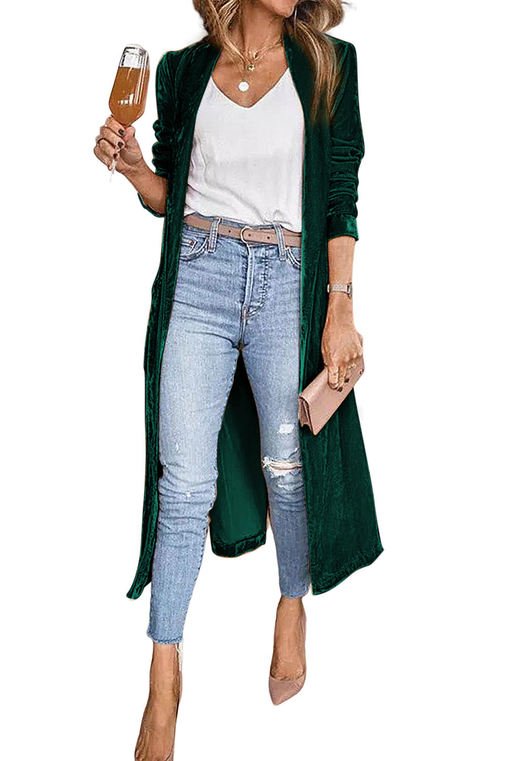 Red Velvet Elegant Open Front Pocket Long Cardigan Shewin