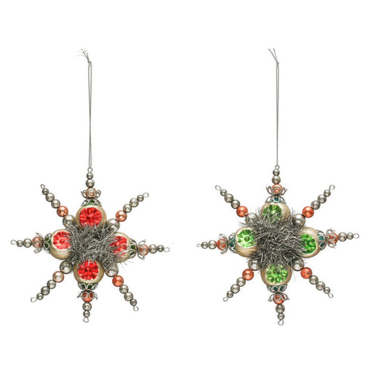 Glass Vintage Style Snowflake Ornament w/ Tinsel, Set of 2 Colors Quirks!