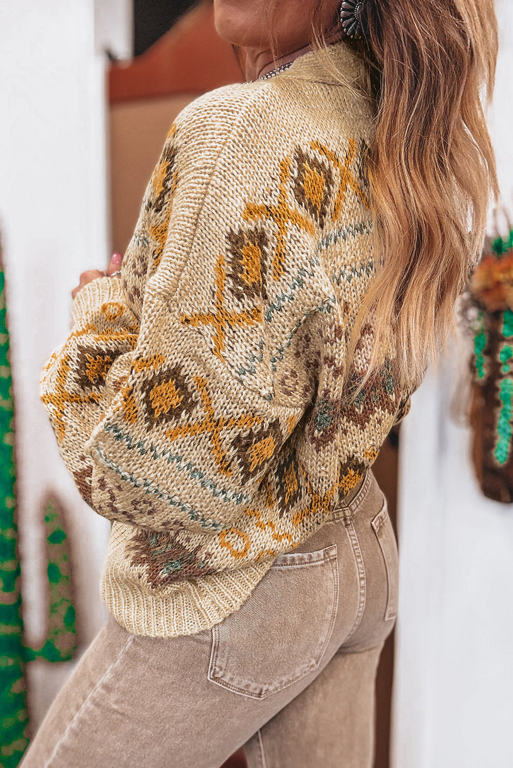 Khaki Geometric Pattern Button V Neck Cardigan Shewin