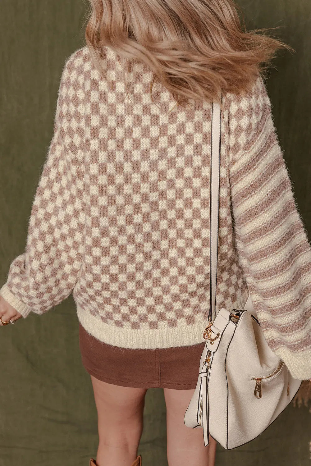 Khaki Stripe Checkerboard Drop Shoulder Balloon Sleeve Sweater Shewin