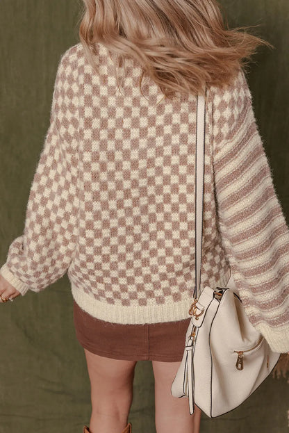 Khaki Stripe Checkerboard Drop Shoulder Balloon Sleeve Sweater Shewin