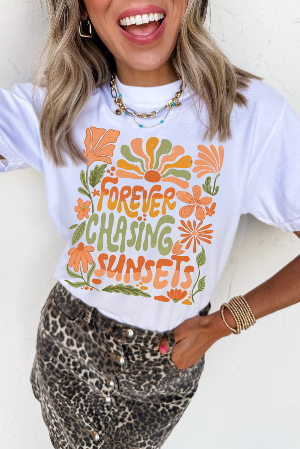 White FOREVER CHASING SUNSETS Floral Print T Shirt Shewin