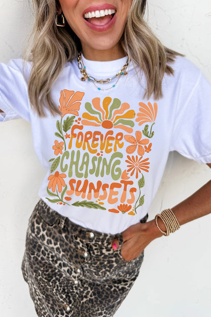White FOREVER CHASING SUNSETS Floral Print T Shirt Shewin