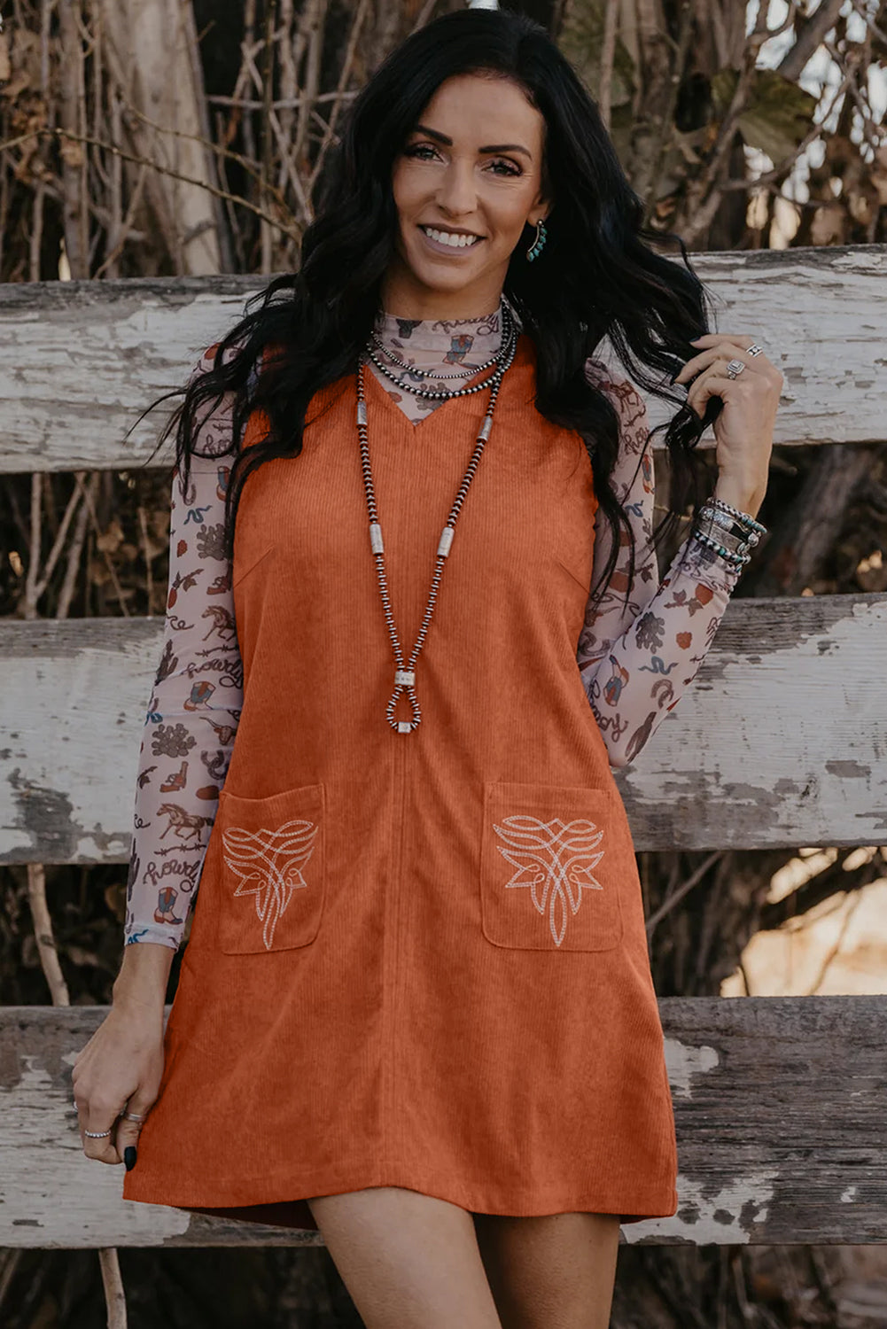 Gold Flame Corduroy Embroidered Patch Pocket Sleeveless Mini Dress Shewin