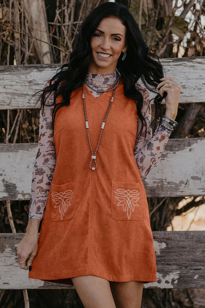 Gold Flame Corduroy Embroidered Patch Pocket Sleeveless Mini Dress Shewin