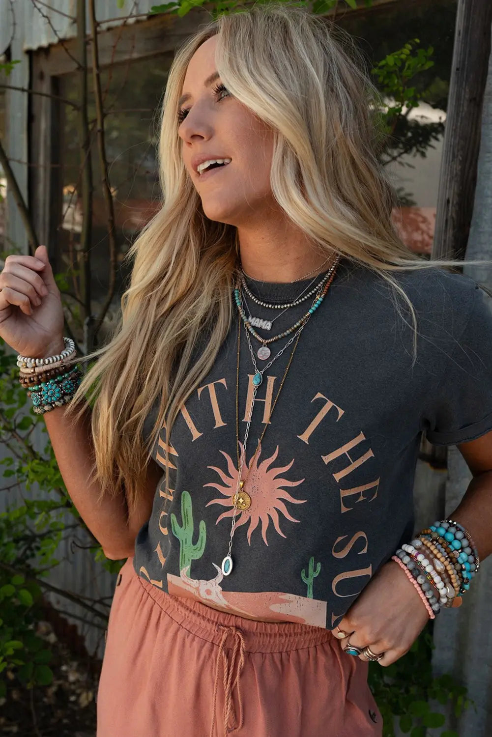 Dark Grey RISE WITH THE SUN Graphic Tee Shewin