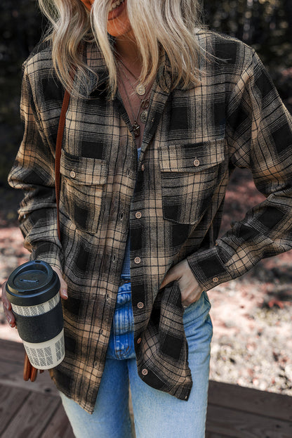 Multicolour Retro Plaid Double Flap Pocket Brushed Shacket Shewin