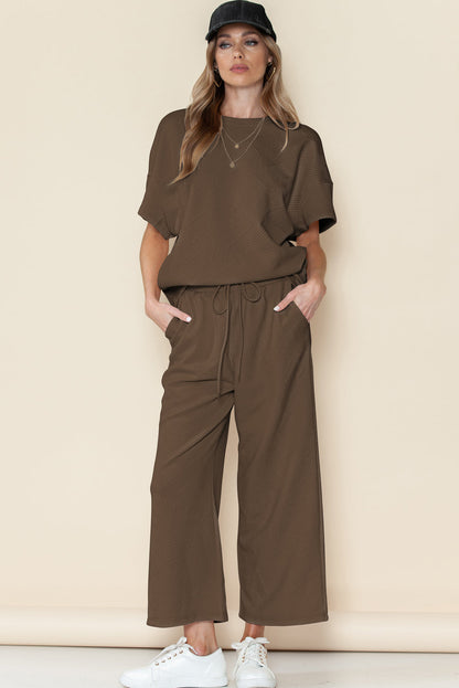Brown Textured Loose Fit T Shirt and Drawstring Pants Set Shewin