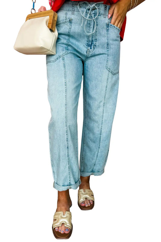 Myosotis Exposed Stitch Detail Drawstring Barrel Jeans Shewin
