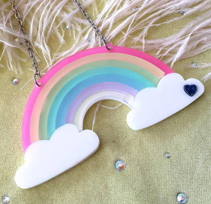 Pastel Frosted Rainbow Acrylic Statement Necklace With Clouds Quirks!