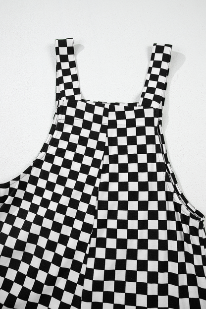 Black Checkered Print Pocketed Wide Leg Overall Shewin