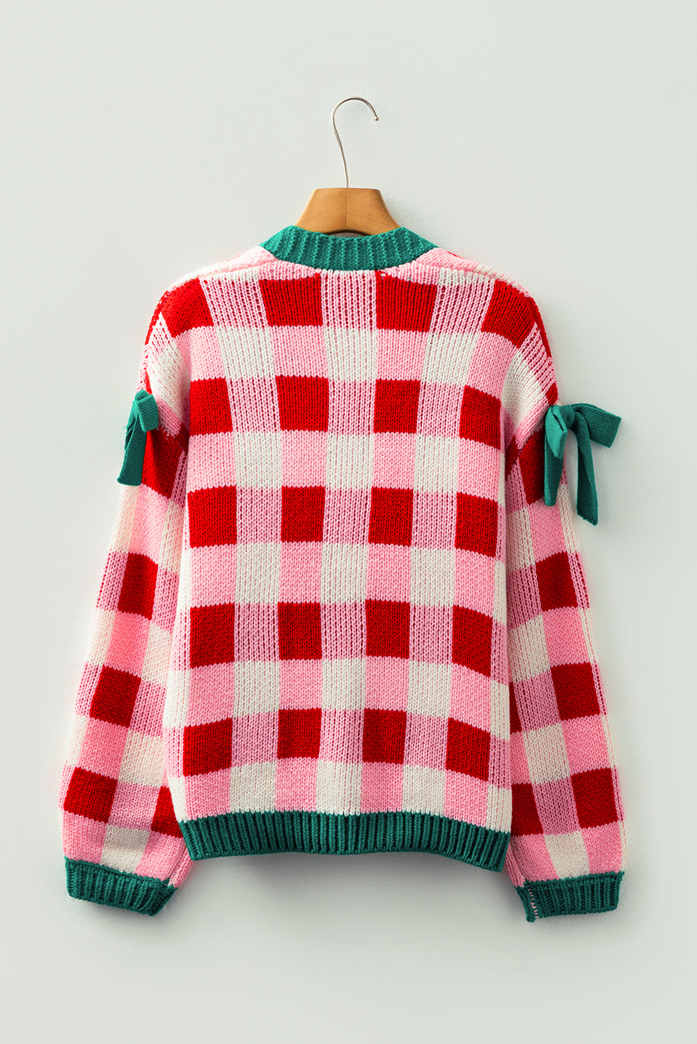 Pink Colorblock Checkered Open Front Knit Cardigan