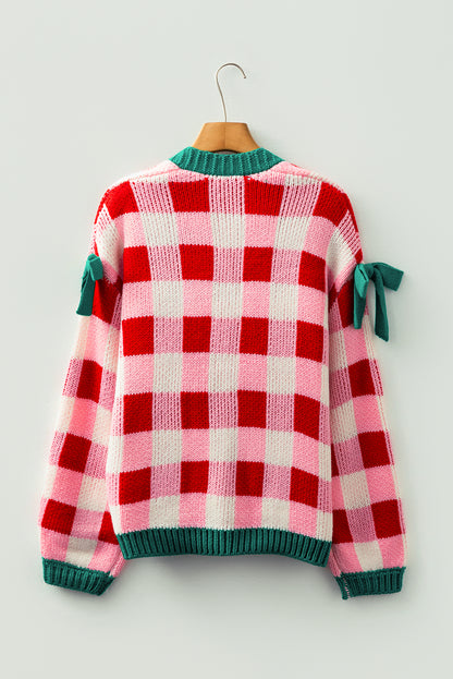 Pink Colorblock Checkered Open Front Knit Cardigan