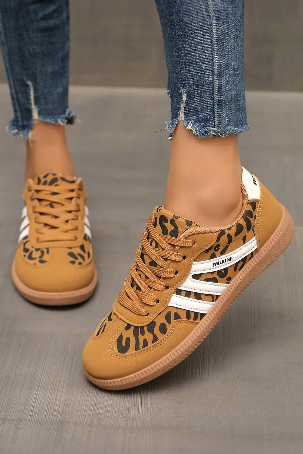Thai Curry PU Leather Leopard Patchwork Contrast Detail Lace-up Shoes Shewin