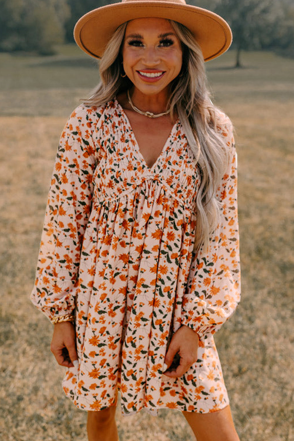 Beige Floral Smocked V Neck Bubble Sleeve Babydoll Dress Shewin