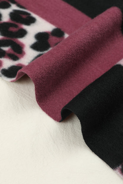Rose Red Leopard Color Block Print Tassel Trim Terylene Scarf